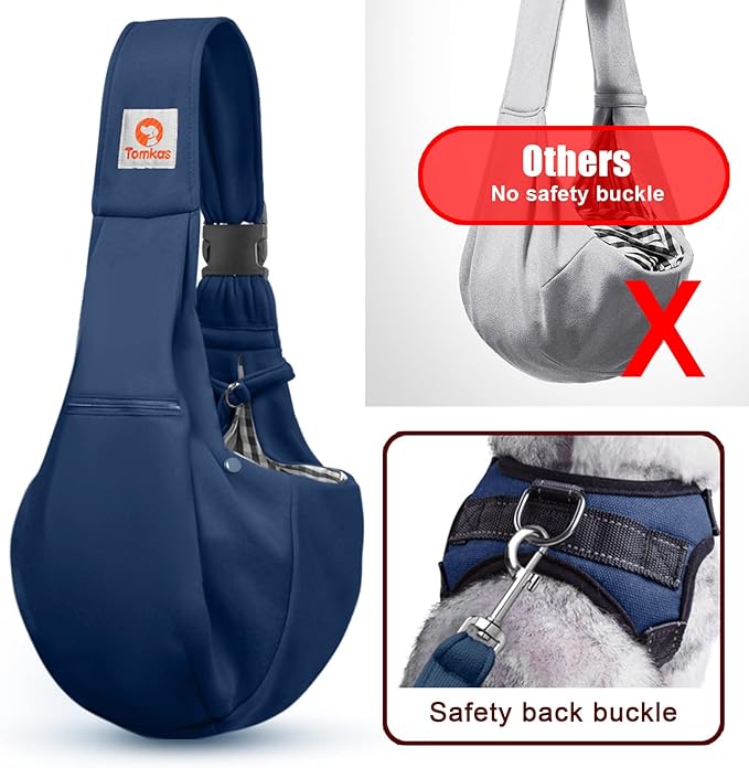 Tomkas Small Dog Sling Carrier - Zipper pocket & Adjustable strap - for 3 - 10 lbs pets(Dark Blue)