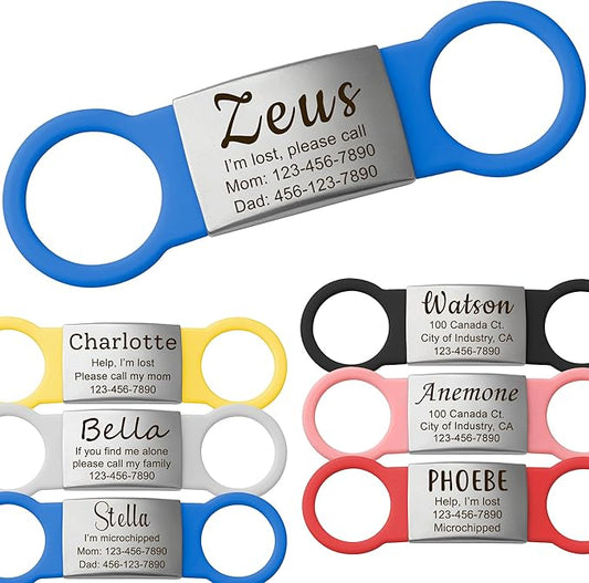 Anavia Slide On Silent Pet ID Tags, S/M/L/XL Personalized Multi-Color Silicone Band Cat Dog Name Tags, Customized Engraved Stainless Steel, Chew-Proof Quiet Dog Collar Tags (Blue, X-Large)