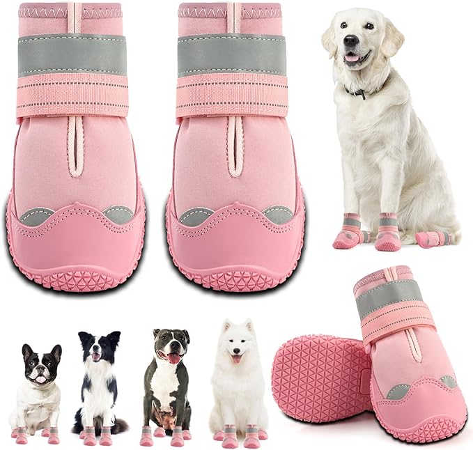 Dog Shoes for Large Dogs, Medium Dog Boots & Paw Protectors for Hardwood Floors, Outdoor Dog Booties for Hot Pavement Winter Snow Hiking, Waterproof Dog Shoes with Reflective Strips Size 8