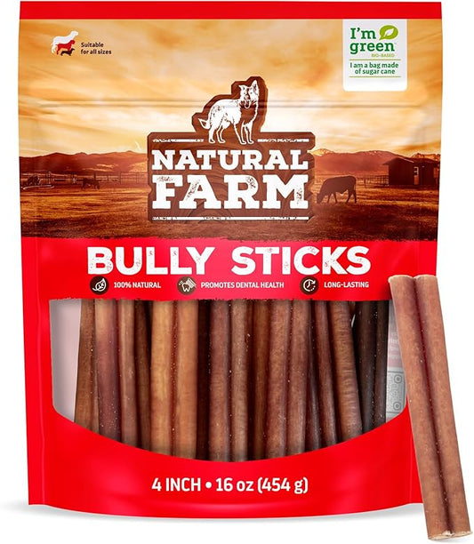 Natural Farm Odor-Free Bully Sticks (4”, 16oz) All-Natural Long-Lasting Chews, 100% Beef Pizzle, Grass-Fed, Grain-Free, Hormone-Free, Protein for Muscle Development & Energy, Perfect for Small Dogs