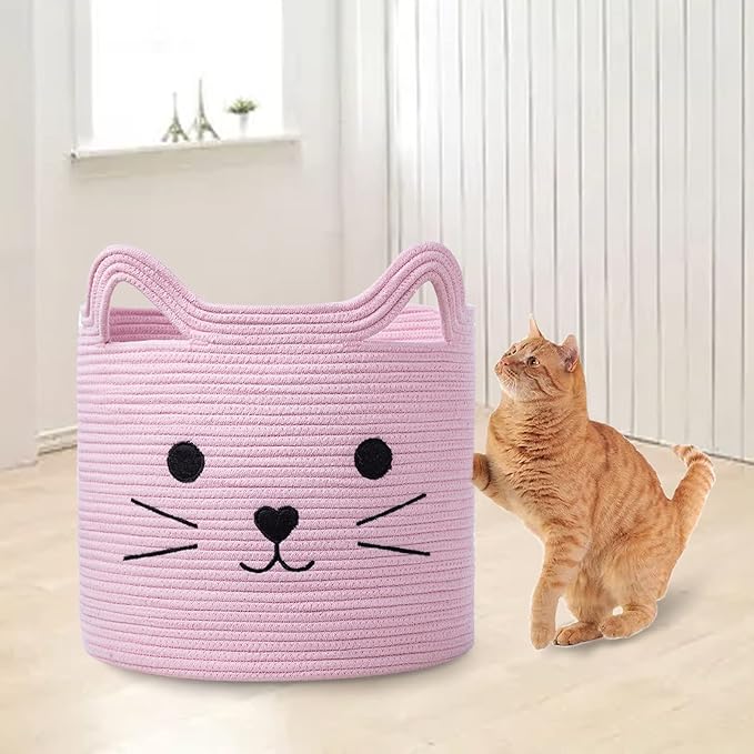 VK VK·LIVING Cat Toy Basket Cute Cotton Rope Animal Storage Pink Laundry Baskets for Toys, Clothes,Gifts,Towels, Blankets, Pet Bed Pink Laundry Hamper for Organizing 15''x14''