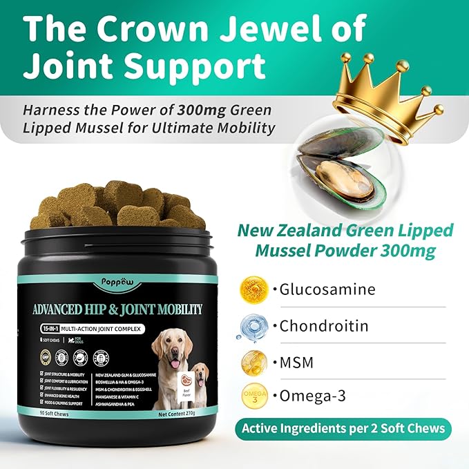 Advanced Dog Joint Supplement – 15-in-1 Glucosamine for Dogs with Chondroitin, MSM & Green Lipped Mussel – Hip & Joint Pain Relief Mobility Chews, Beef Flavor, 90Ct Breeds