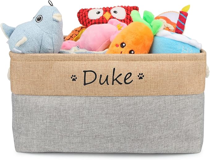 Personalized Dog Toy Box, Dog Toy Basket Storage with Cotton Handle, Customized Name and Paw Heart Print Puppy Toy Bin for Organizing Food Clothes and Pets Accessories(Heart Gray)