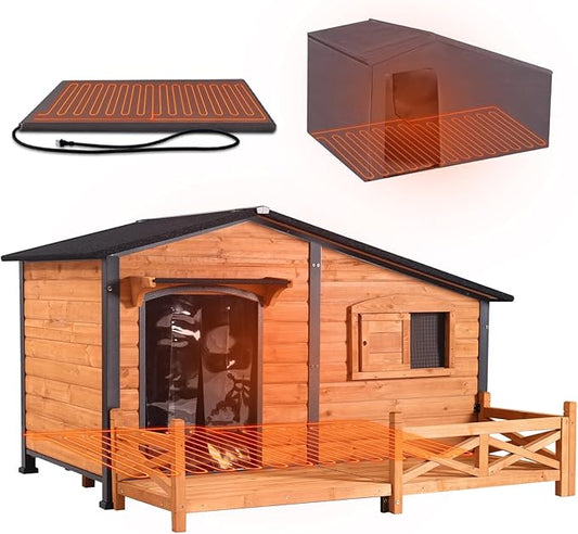 GUTINNEEN Extra Large Heated Dog House for Outside Insulated Dog House Outdoor with Safe Heated Pad, Chew-Proof Metal Frame and Insulated Liner for Large Dogs, 60.37" L x 50.36" W x 35.43" H