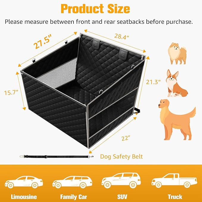 PETICON Dog Car Seat for Large Medium Dogs, One-Piece Hard Bottom Back Seat Extender for Dogs with 2 Mesh Windows, Waterproof Pet Carseat with Storage Pocket for Cars, SUVs and Trucks