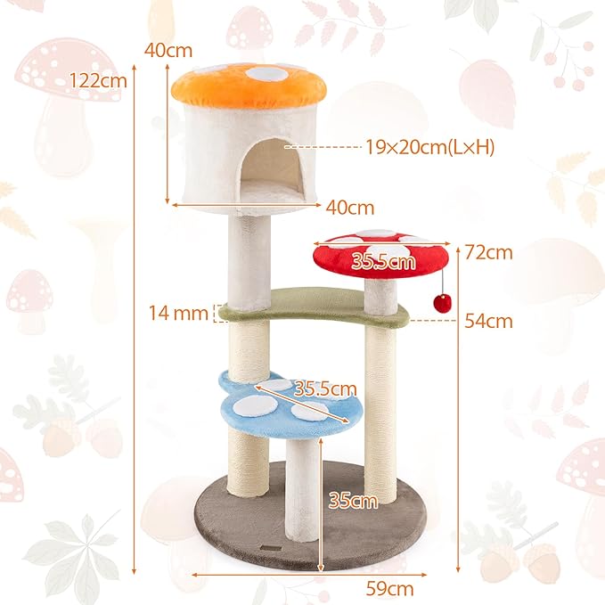 PETSITE Mushroom Cat Tree, Multi-Level Cute Cat Tree Tower with Sisal Scratching Posts, Cat Condo, Soft Plush Perches, and Dangling Toys for Indoor Cats (48 Inch)