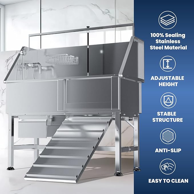 Dog Washing Station for Home, Professional 46" Stainless Steel Dog Bathing Station, Height Adjustable Dog Grooming Tub w/Stair, Storage Drawer, Upgrade Parts(Right ramp)