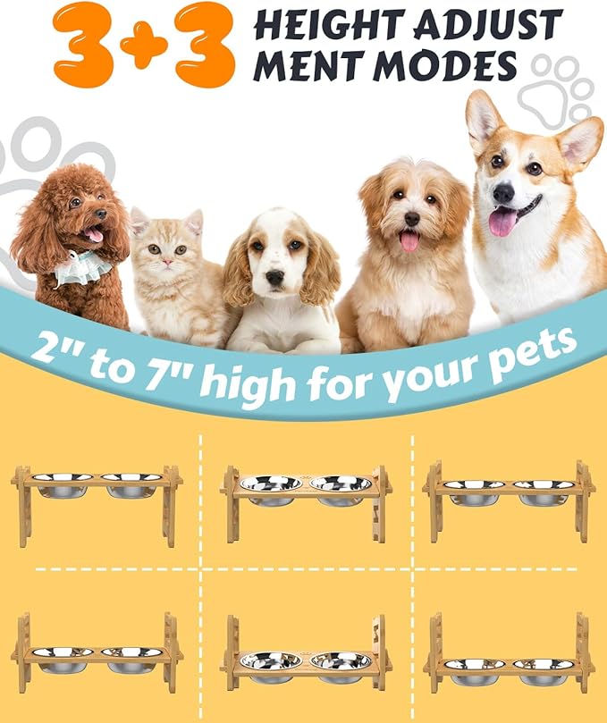 Elevated Dog Bowls, Adjustable Raised Dog Bowl Stand for Small Size Dogs and Cats, Durable Bamboo Dogs Feeder with 2 Stainless Steel Bowls and Non-Slip Feet, Pet Food Bowl with Mat