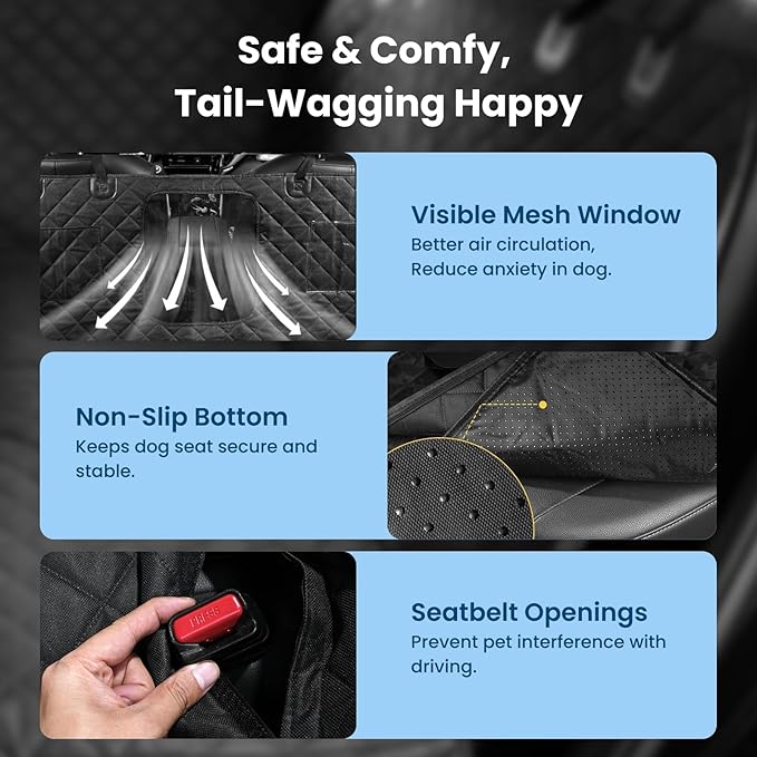 Dog Hammock for Car with Door Protectors, Waterproof, Scratchproof, Split Soft Dog Seat Cover for Back Seat with Mesh Window, Fits SUV/Sedan/Tesla Models (Black)