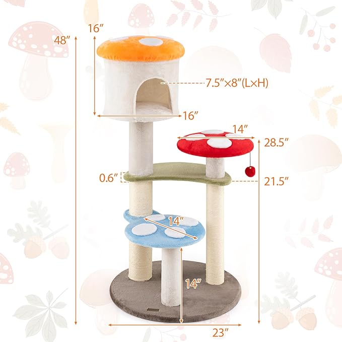 PETSITE Mushroom Cat Tree, Multi-Level Cute Cat Tree Tower with Sisal Scratching Posts, Cat Condo, Soft Plush Perches, and Dangling Toys for Indoor Cats (48 Inch)