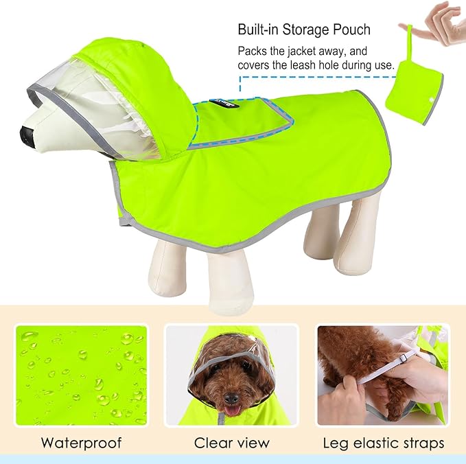 Lukovee Dog Raincoat, Adjustable Dog Rain Jacket with Clear Hooded Double Layer for Large Medium Small Dogs Puppies, Waterproof Rain Coat Poncho with Reflective Storage Pocket & Rim (Green, S)