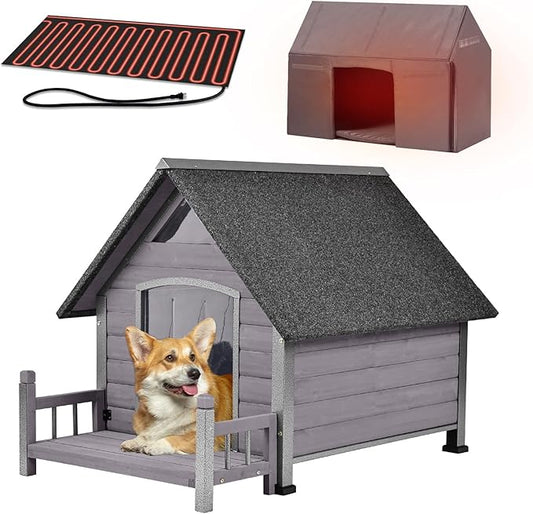 Heated Dog House with Insulated Liner, Waterproof Dog Kennel for Small to Medium Size Dogs, Outdoor Doghouse 100% Insulated Puppy Shelter with Elevated Floor for Winter (Grey-Heated, Medium)