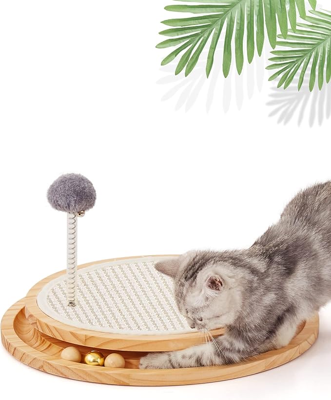 Cat Scratcher, Cat Natural Sisal Scratching Pad, Kitten Interactive Toy with Ball Track Spring Ball for Chasing Hunting Mental Physical Exercise Puzzle