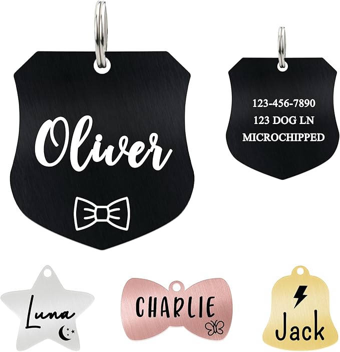 Ultra Joys Cat ID Tag Personalized Pet Tags, Durable Stainless Steel Small Pet Mini Dog Cat Tag Lightweight - Shield Tag in Black