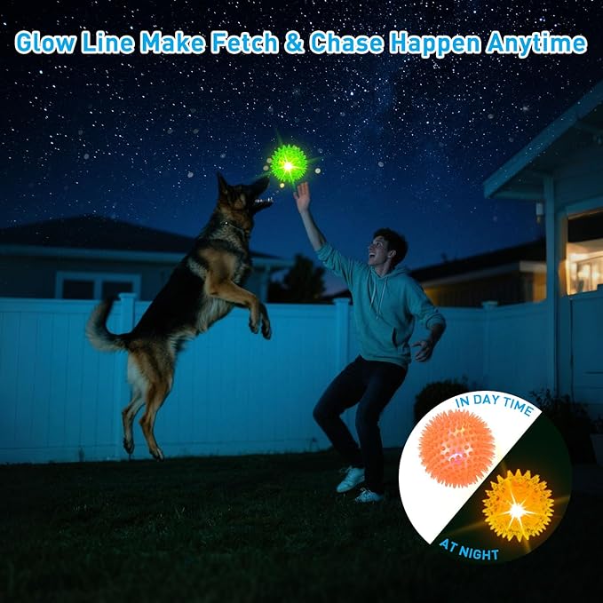 6-Pack 3.5” LED Light-Up Squeaky Dog Toy Balls ，Durable Interactive Glow Fetch Toys for Aggressive Chewers，BPA Free Non-Toxic, Spiky Puppy Chew Balls