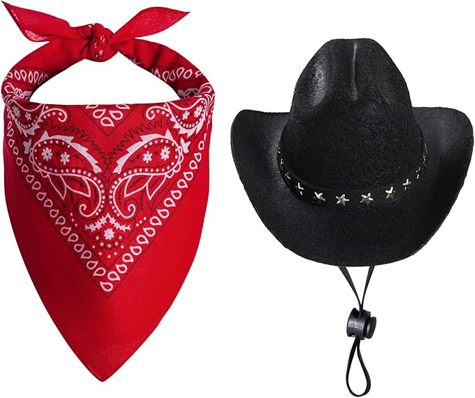 Pet Cowboy Costume Halloween Costumes for Small Pet Dogs Cat Cowboy Hat with Bandana Scarf Set Party Accessories (Black, Small)