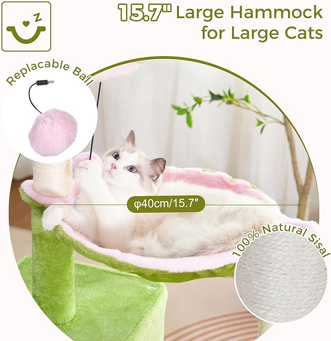 Flower Cat Tree 34 Scratching Post Small Cat Tower for Large Cats, with 15.7”Large Hammock, Removable Top Bed and Wide Condo for Indoor Cats-Pink and Green
