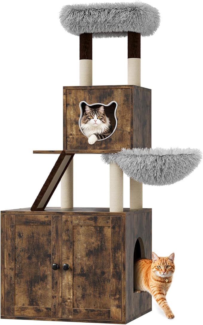 Litter Box Enclosure with Cat Tree Tower and Condo, Hidden Cat Washroom Furniture with Sisal Scratching Post & Soft Plush Perch, Wooden Cat Furniture with Multiple Platforms