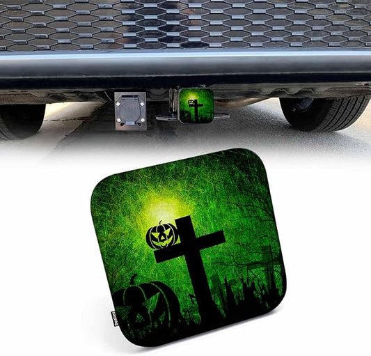 Halloween Tow Trailer Hitch Cover Plug Insert, Grunge Halloween Pumpkin Cross Grave Receiver Hitch Cover Tow Hitch Covers Compatible with Most Auto Cars Trucks for 2 Inch Receivers, Green