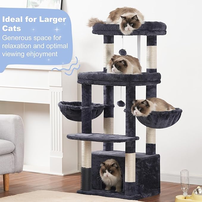 Hey-brother Cat Tree Tower, Scratching Posts with Extra Large Platform, Specious Condo, 2 Cozy Hammocks, Self-Grooming Brush for Indoor Adult Cats, Maine Coon 51.1 inches, Smoky Gray MPJ070G