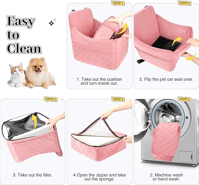 Dog Booster Car Seat for Dogs up to 35lbs, Safety Pet Car Seats with Anti-Slip Bottom, Travel Booster Dog Bed with 2 Storage Pockets (Pink, Medium)