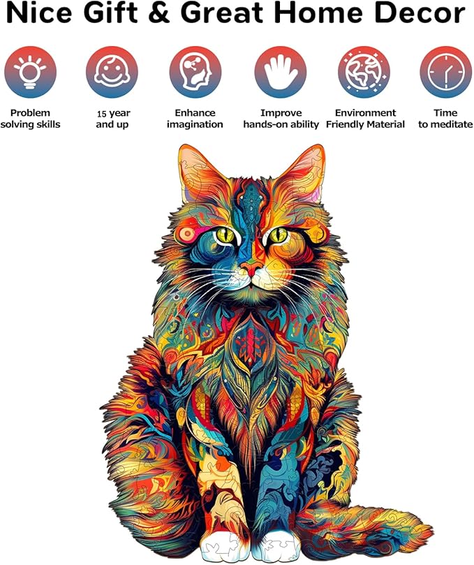 Jigfoxy Wooden Puzzle for Adults, Cat Wooden Jigsaw Puzzles for Adults, Unique Animal Shape Wood Cut Puzzles, Christmas Thanksgiving Gifts for Family Friend(S-8.3 * 6.6in-80pcs)