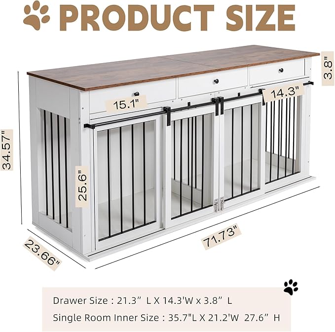 Sunseen Dog Crate Furniture Large Breed Wooden Dog Kennel with Room Divider & 3 Drawer,Double Doors Heavy Duty Dog Crate End Table Indoor TV Stand for Small Medium Large Dog,72''W*24''D*35''H,White