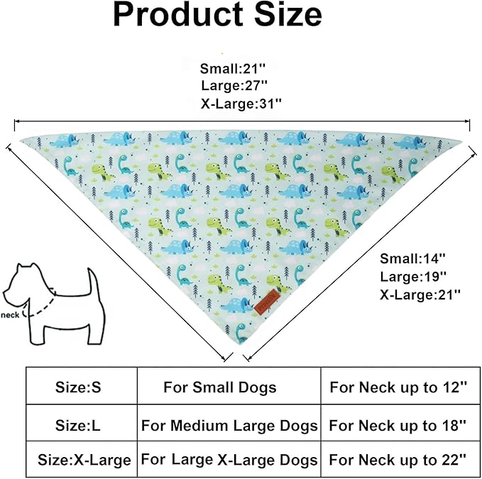 PTDECOR Dinosaurs Dog Bandana, Dinosaurs Design Reversible Pet Scarf Bib, Premium Durable Fabric, Adjustable White Green Bandanas for Medium Large Dogs Pets (Large)