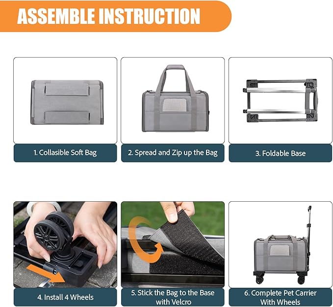 Pet Carrier with Wheels - Soft-side Wheeled Cat Carrier for Dogs with Telescopic Handle, Collapsible Rolling Pet Travel Bag Carrier for Large Cats Small Medium Dogs for Camping Vet Visiting Light Grey