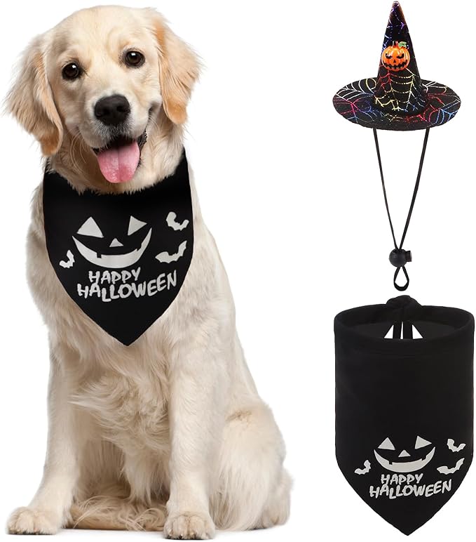 PUPTECK Dog Halloween Bandanas Scarf with Cute Doggy Wizard's Hat, Pumpkin Costumes Decorations for Small Medium Large Dogs Boy Girl Funny, Black