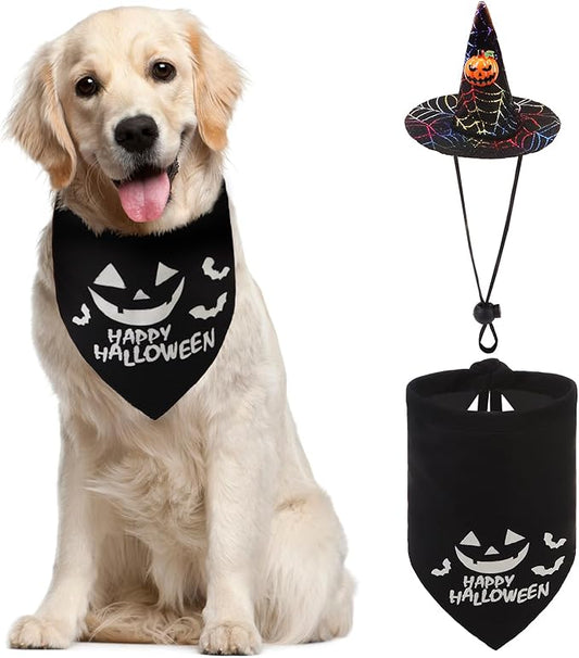 PUPTECK Dog Halloween Bandanas Scarf with Cute Doggy Wizard's Hat, Pumpkin Costumes Decorations for Small Medium Large Dogs Boy Girl Funny, Black