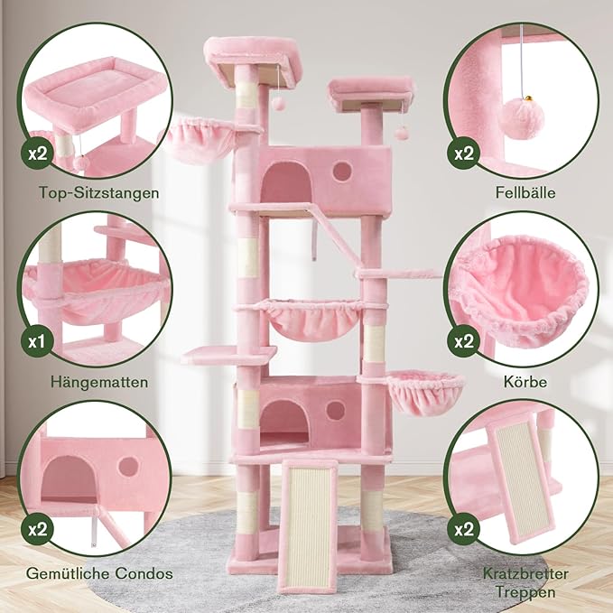 MUTICOR 81 inches Multi-Level Tall Cat Tree Tower for Indoor Kitties/Large Climbing Tree House for Big Feline/Condo/Sisal Scratching Posts/Plush Perches Platforms/Basket Hammock/Pink