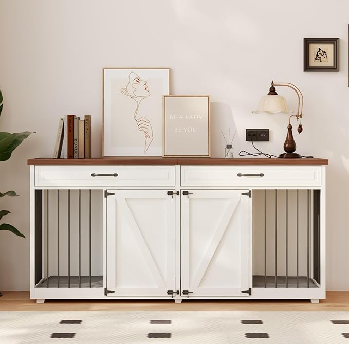 Dog Crate Furniture - Indoor Wooden Dog Kennel Furniture with 2 Drawers & Room Divider - 72" L x 23.6" W x 34" H - White