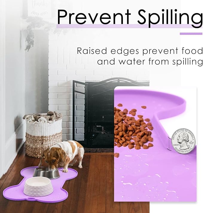 Super Design Dog Food Mat Dog Bowl Mat for Food and Water Silicone Non Spill Cat Feeding Mat Puppy Placemat Waterproof - 20.5" x 14.5", Purple