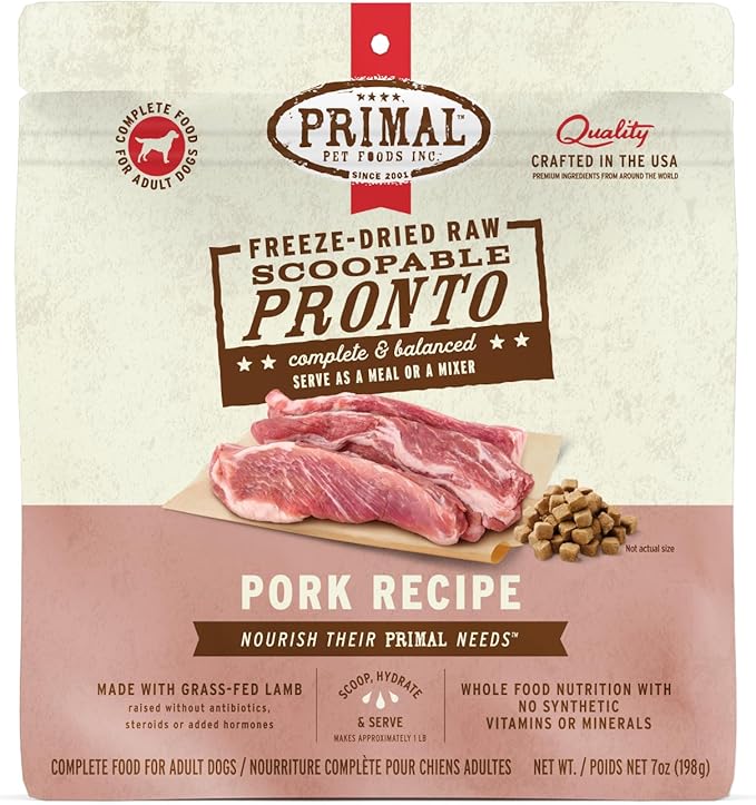 Primal Freeze Dried Dog Food, Pronto Mini Nuggets, Pork; Scoop & Serve, Complete & Balanced Meal; Also Use As Topper or Treat; Premium, Healthy, Grain Free, High Protein Raw Dog Food (7 oz)