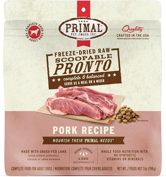 Primal Freeze Dried Dog Food, Pronto Mini Nuggets, Pork; Scoop & Serve, Complete & Balanced Meal; Also Use As Topper or Treat; Premium, Healthy, Grain Free, High Protein Raw Dog Food (7 oz)