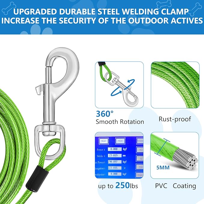 50ft Dog Tie Out Cable, Dog Leash Heavy Duty Tie Out Cable for Large Dogs Up to 125lbs Pull Force, Dogs Runner for Yard Outdoor and Camping, Heavy, Green