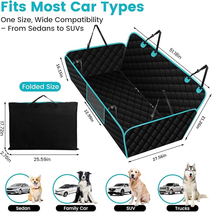 Black-Aqua Dog Car Seat Cover, Backseat Extender Hard Bottom, 100% Waterproof, Exclusive Zipper Design for Child Seat & Dog Seat Belt, Fits Small to Large Dogs or Multiple Pets