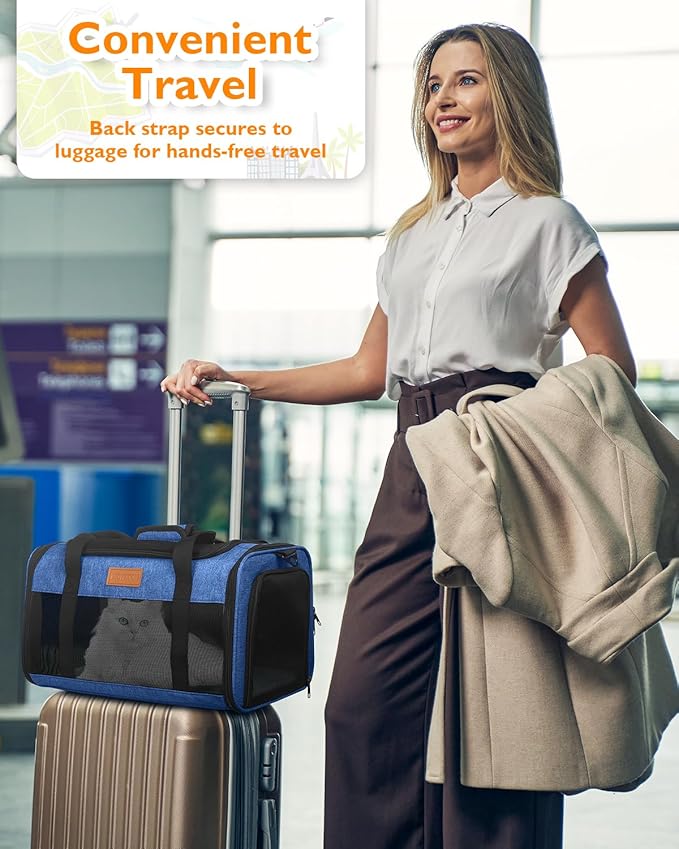 PETUX TSA Approved Pet Carrier in Cabin - 17"x11"x9.5", Underseat, Soft Sided Cat Carriers with Safety Zippers and Anti-Scratch Mesh for Small Cat up to 12 lb, Ideal for Travel and Vet Visit, Blue