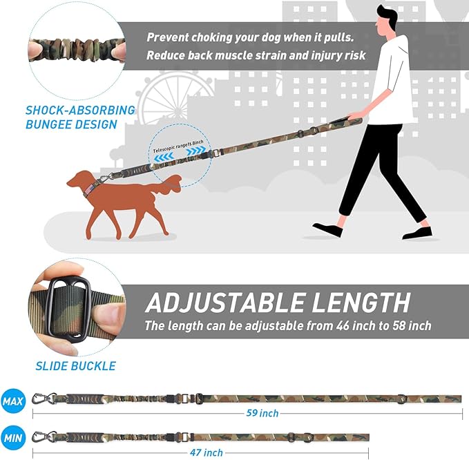 Hotsky Tactical Dog Leash Heavy Duty for Medium Large Dogs That Pull,4-6Ft Strong Bungee Shock Absorbing Military Dog Leash with Padded Double Handle and Car Seatbelt,Camo