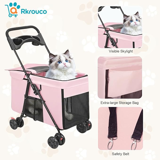Foldable Pet Stroller for Small Medium Cat Dogs Portable Pets Carriers Strollers with 4 Wheels Up to 55Lbs Puppy Strolling Cart Travel (Pink)