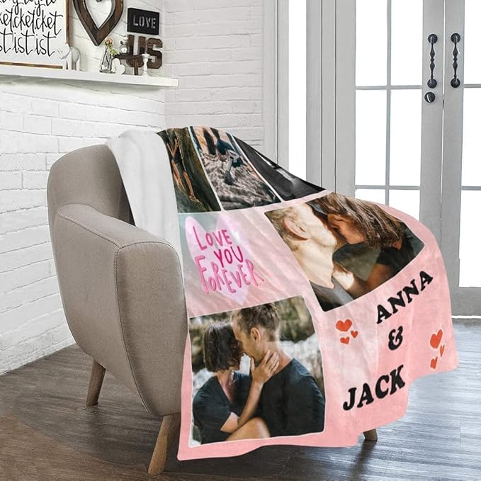Custom Valentine's Day Blanket with Picture Photo Name, Make a Customized Collage Blankets Gift for Lover, Personalized Throws Blanket to My Wife Husband Souvenir 5 Photos Made in USA