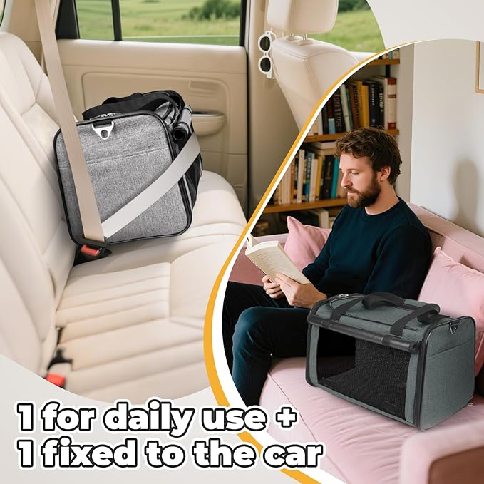 YUDODO 2 Packs 25 lbs Lightproof Soft Sided Pet Carrier for Large Cat & Small Dog Airline Approved Travel Puppy Carriers with Side Pockets & Reflective Mesh, Foldable Portable for Car Grey Green+Grey