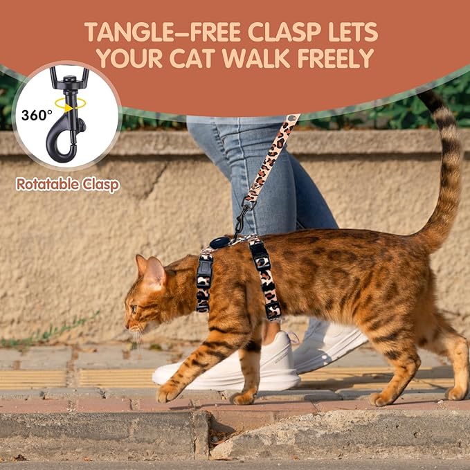 BINGPET Cat Harness and Leash Set Escape Proof for Walking,Adjustable Kitten Harness with Airtag Holder for Small Medium Large Cats (Classic Leopard Print,Neck:8"-12",Chest:12.5"-18")