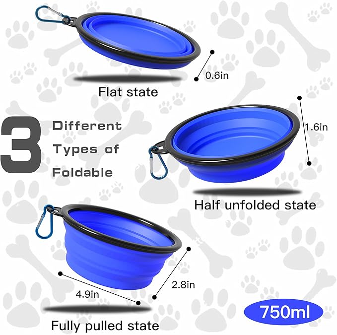 2-Pack Collapsible Dog Bowls, Portable Travel Pet Bowl with Carabiner – Foldable Silicone Feeding Dish for Dogs and Cats On-The-Go (Red + Blue)