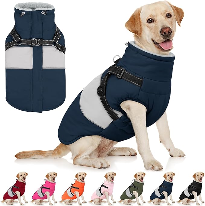 AOFITEE Dog Winter Coat, Dog Coat with Harness Built in, Dogs Jacket for Large Dogs, Reflective Waterproof Pet Puffer Jacket Snowsuit, Warm Fleece Windproof Pet Sweater for Cold Weather, XL