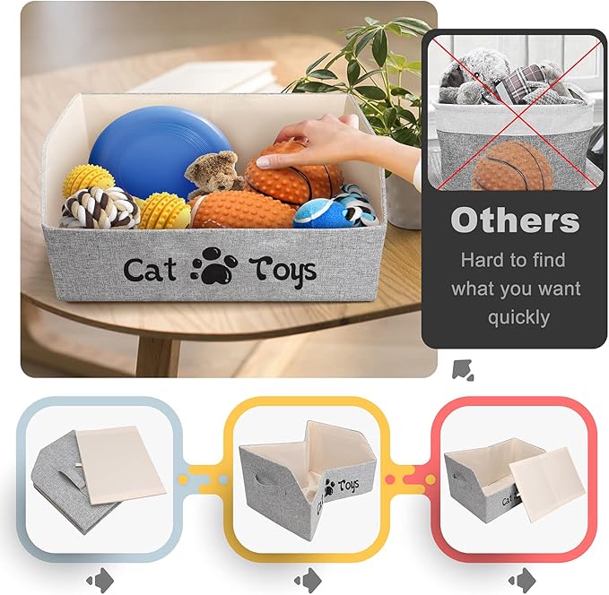 2X Thicker Large Cat Toy Bin Collapsible Cat Toy Box Sturdy Cat Toy Basket Kitten Toy Storage Bed for Organizing Cat Toys Treats Clothes and Accessories (Grey)