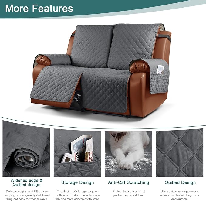 Ruaozz Waterproof Recliner Sofa Cover 1-Piece Couch Covers for Reclining Couches Reclining Sofa Cover Washable Furniture Protector with Elastic Straps Pocket for Kids, Pets (Dark Grey, 2 Seater)