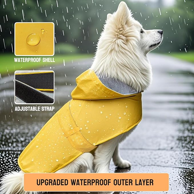 Dog Raincoat Dog Rain Jacket Poncho Waterproof Pet Rain Suit Double Layer Warm Lining Hooded Leash Hole Adjustable for Medium Dogs,Yellow,XXXL