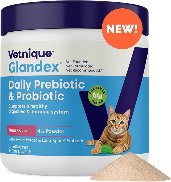Vetnique Glandex Feline Anal Gland or Daily Probiotic Fiber Supplement Powder for Cats with Digestive Enzyme, Probiotics and Pumpkin, Vet Recommended for Healthy Bowels (4oz, Probiotic Powder - Tuna)
